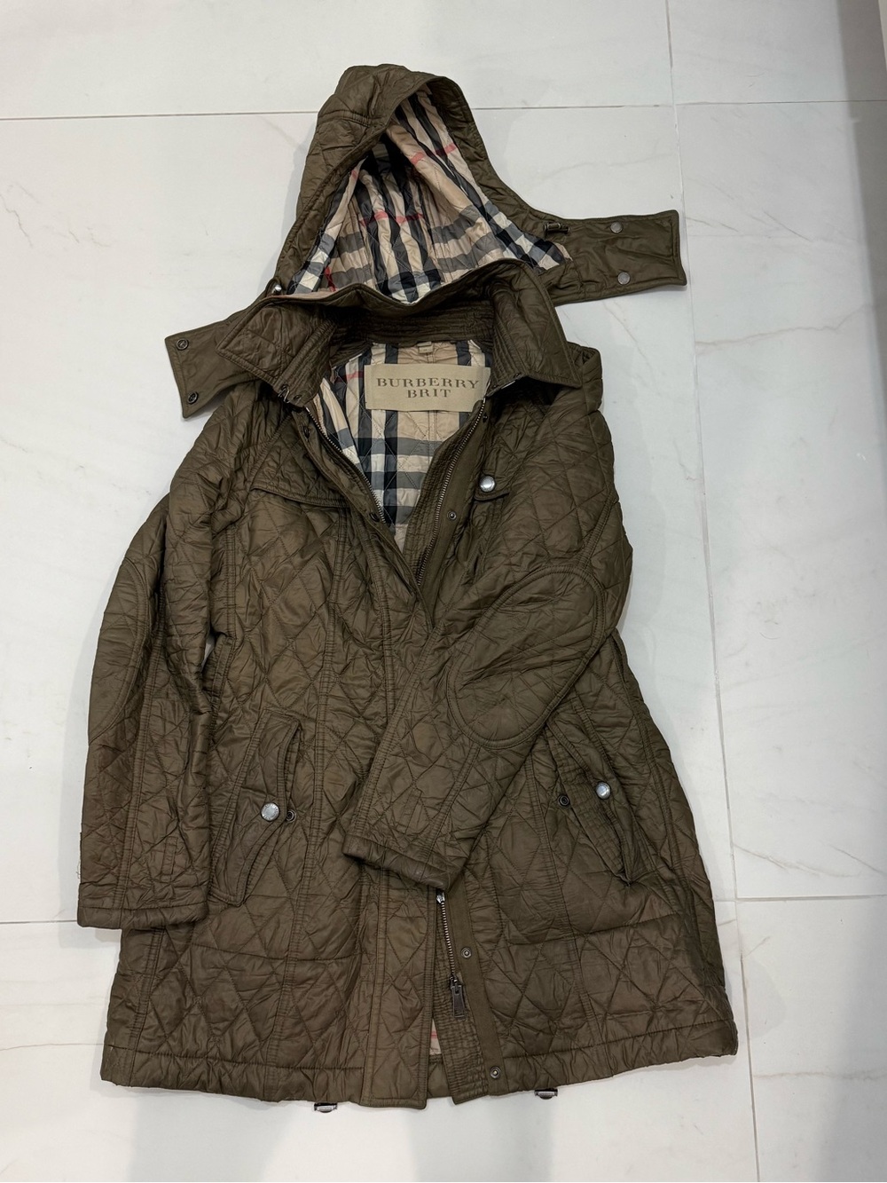 Burberry Quilted Hooded Puffer Coat in Olive Green